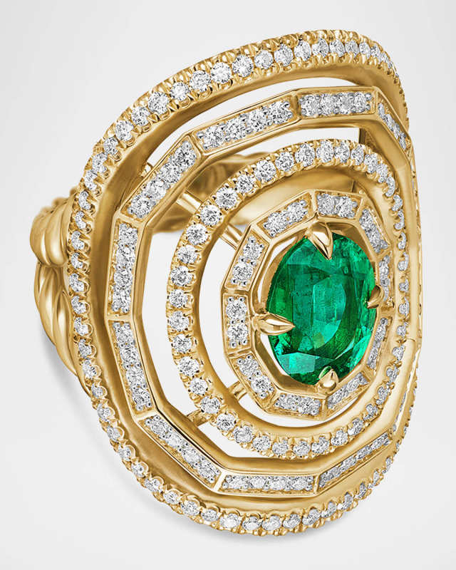 Stax Full Pave Statement Ring with Emerald and Diamonds, Size